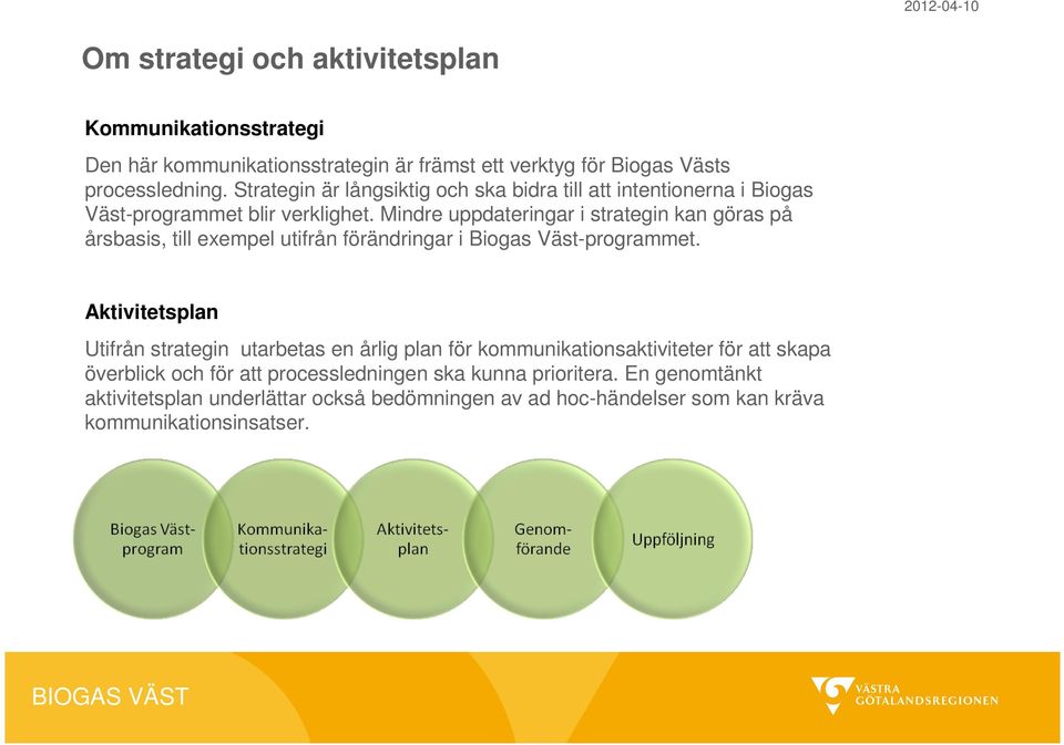 Mindre uppdateringar i strategin kan göras på årsbasis, till exempel utifrån förändringar i Biogas Väst-programmet.