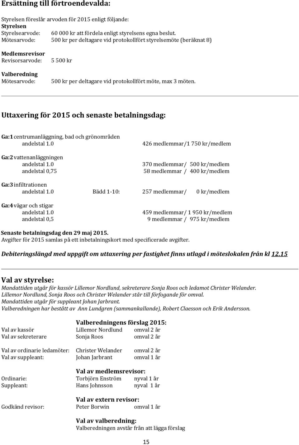 möten. Uttaxering för 2015 och senaste betalningsdag: Ga:1 centrumanläggning, bad och grönområden andelstal 1.0 Ga:2 vattenanläggningen andelstal 1.