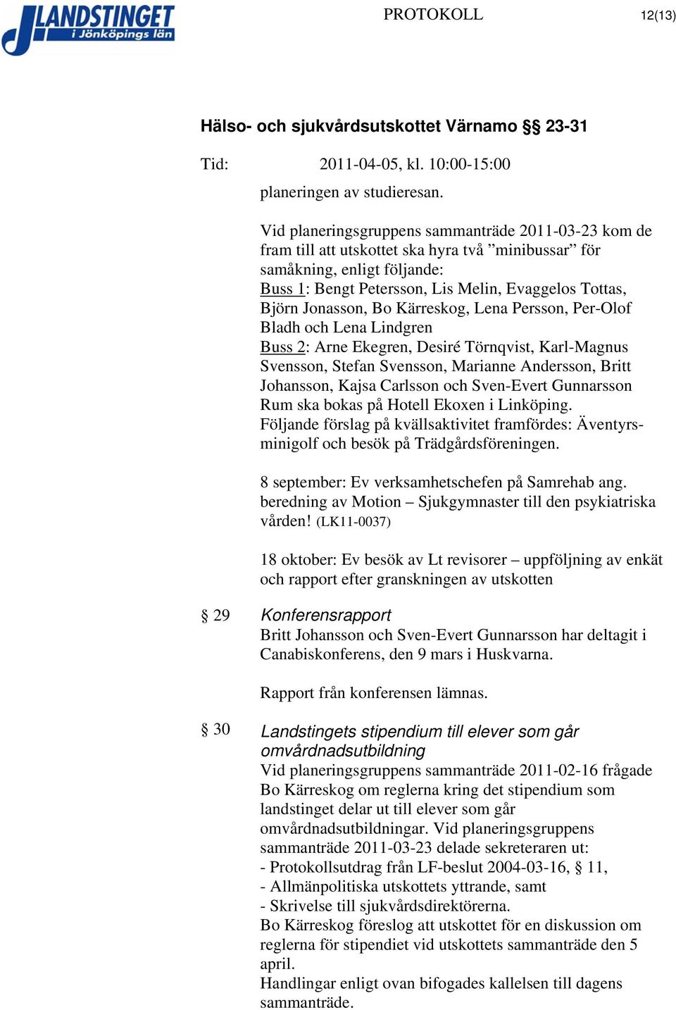 Jonasson, Bo Kärreskog, Lena Persson, Per-Olof Bladh och Lena Lindgren Buss 2: Arne Ekegren, Desiré Törnqvist, Karl-Magnus Svensson, Stefan Svensson, Marianne Andersson, Britt Johansson, Kajsa