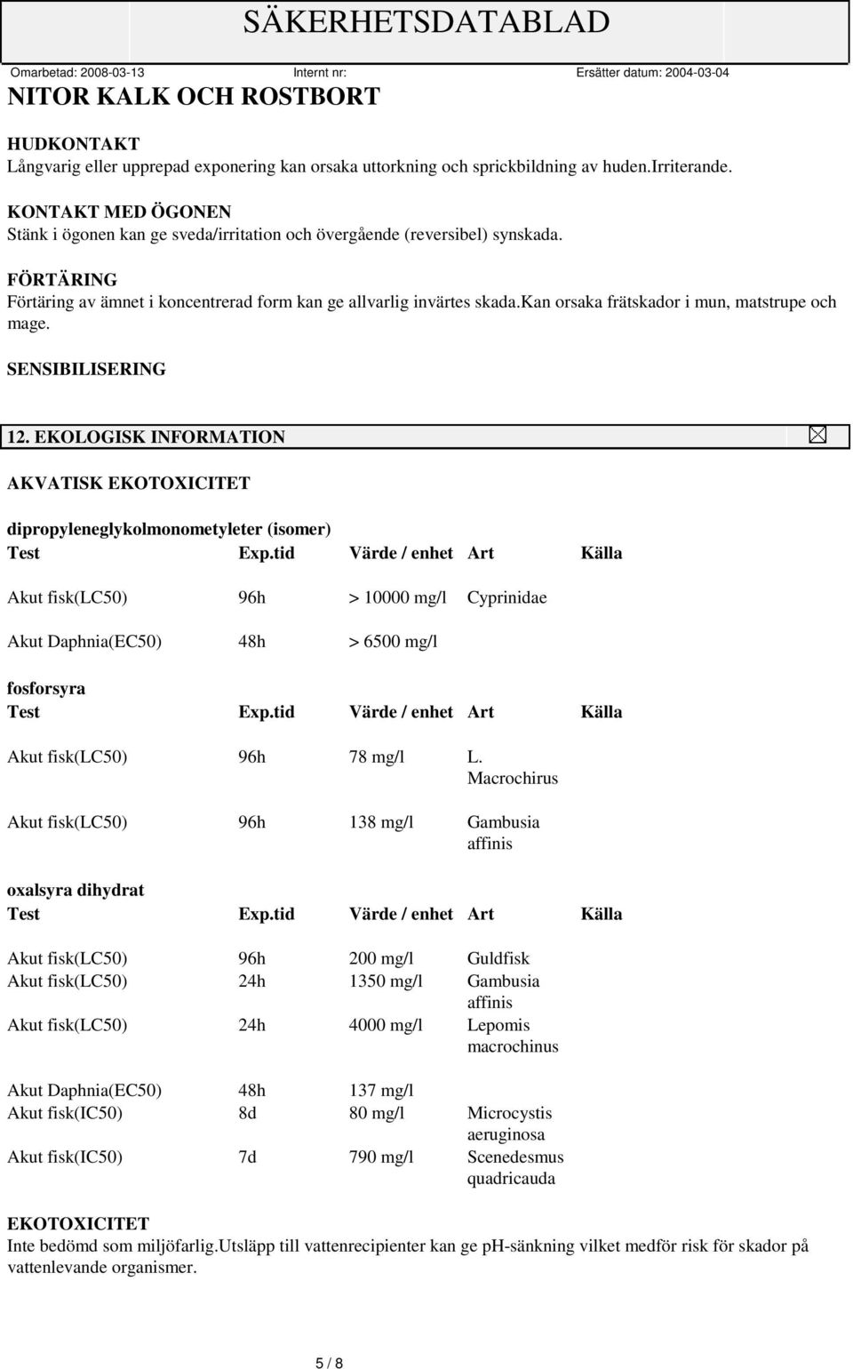 kan orsaka frätskador i mun, matstrupe och mage. SENSIBILISERING 12. EKOLOGISK INFORMATION AKVATISK EKOTOXICITET dipropyleneglykolmonometyleter (isomer) Test Exp.