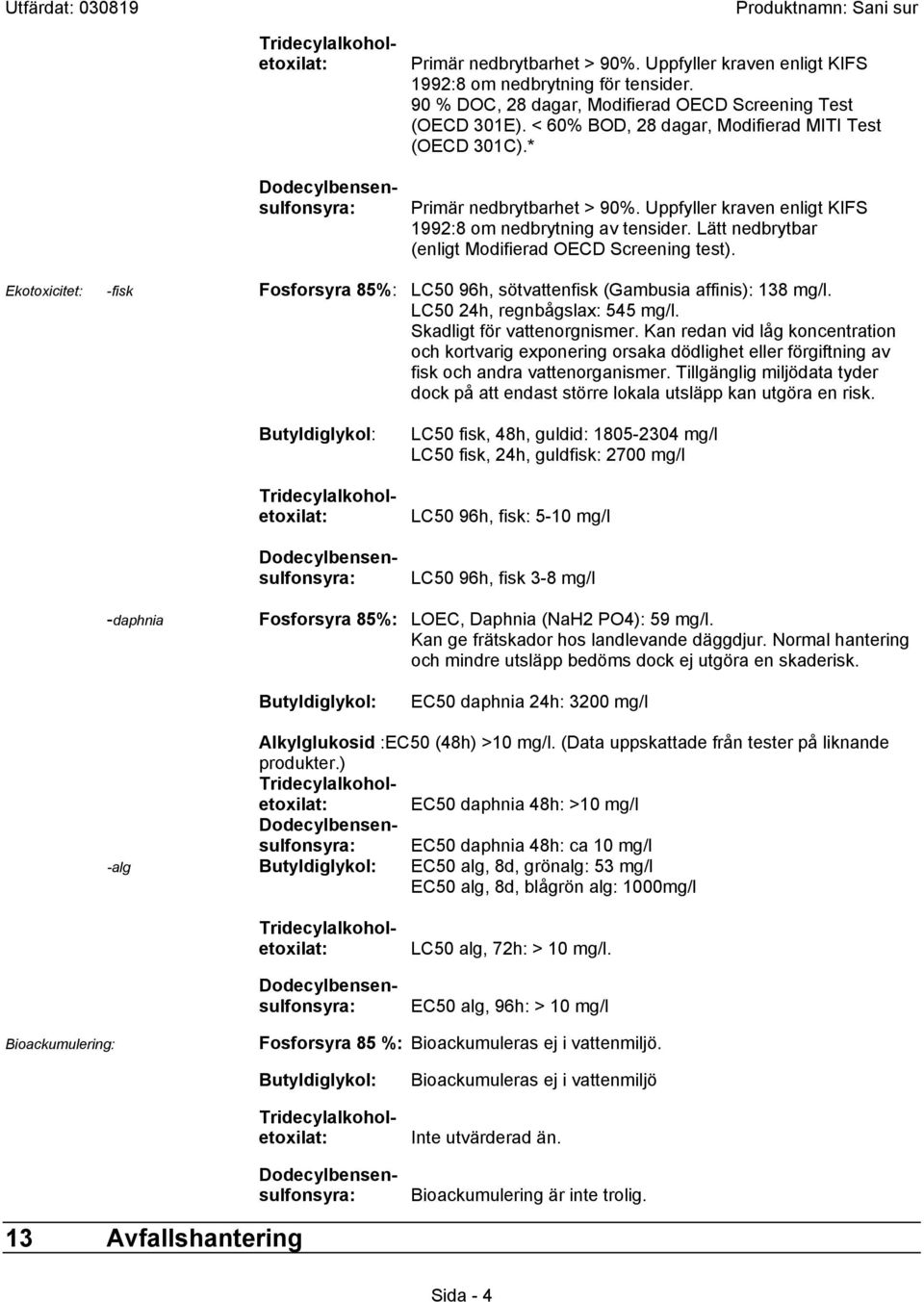 Lätt nedbrytbar (enligt Modifierad OECD Screening test). Ekotoxicitet: -fisk Fosforsyra 85%: LC50 96h, sötvattenfisk (Gambusia affinis): 138 mg/l. LC50 24h, regnbågslax: 545 mg/l.