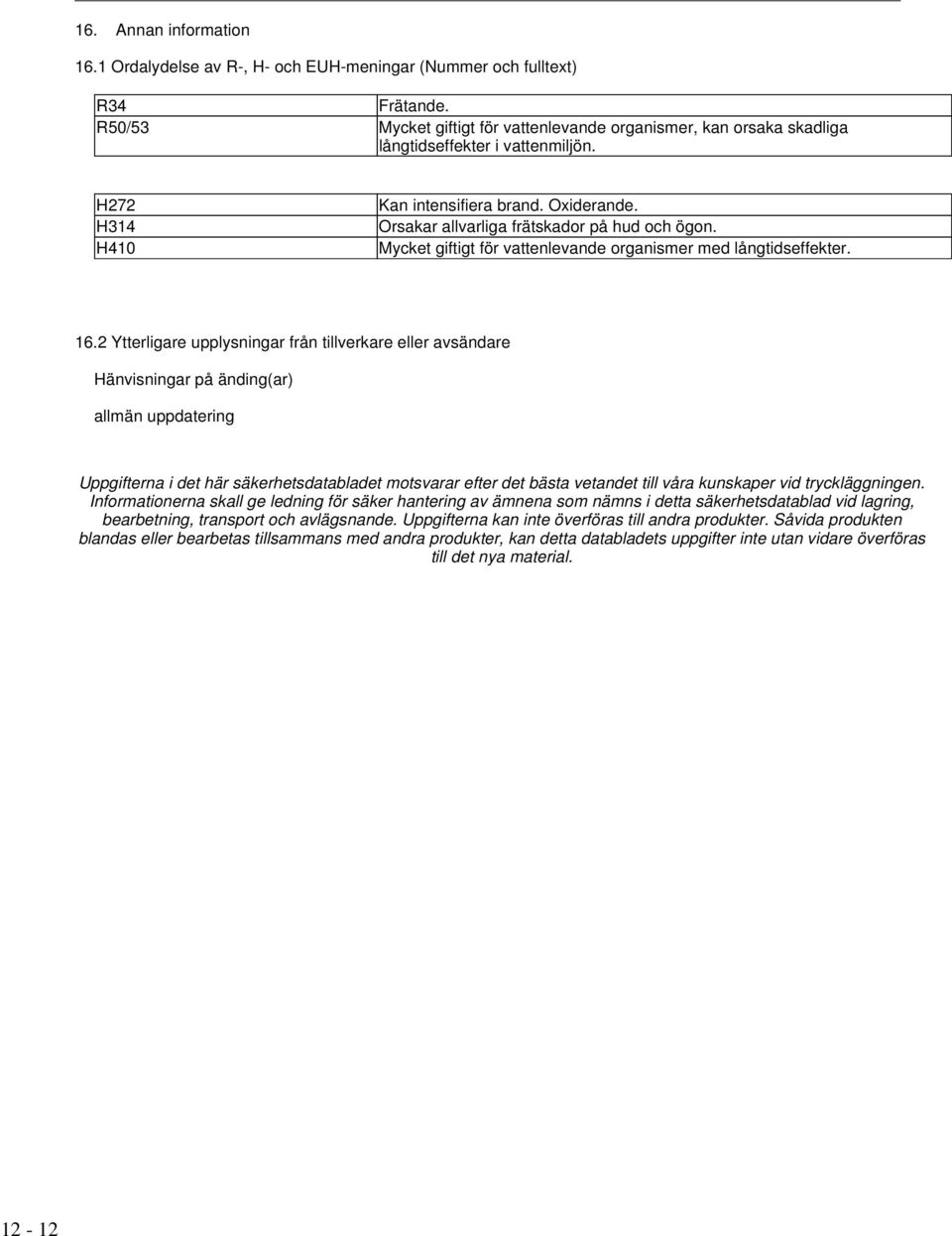 Orsakar allvarliga frätskador på hud och ögon. Mycket giftigt för vattenlevande organismer med långtidseffekter. 16.