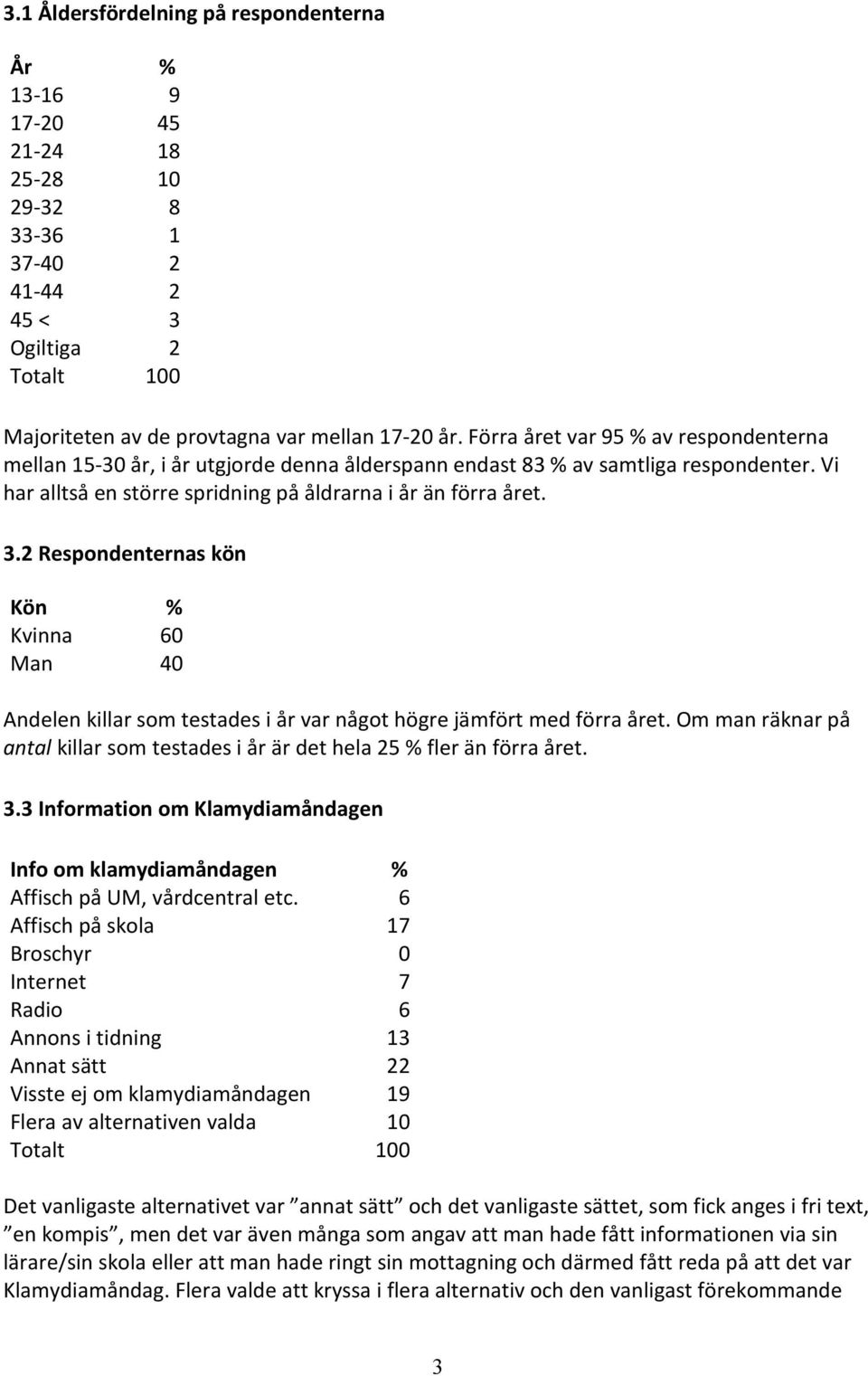 2 Respondenternas kön Kön % Kvinna 60 Man 40 Andelen killar som testades i år var något högre jämfört med förra året.