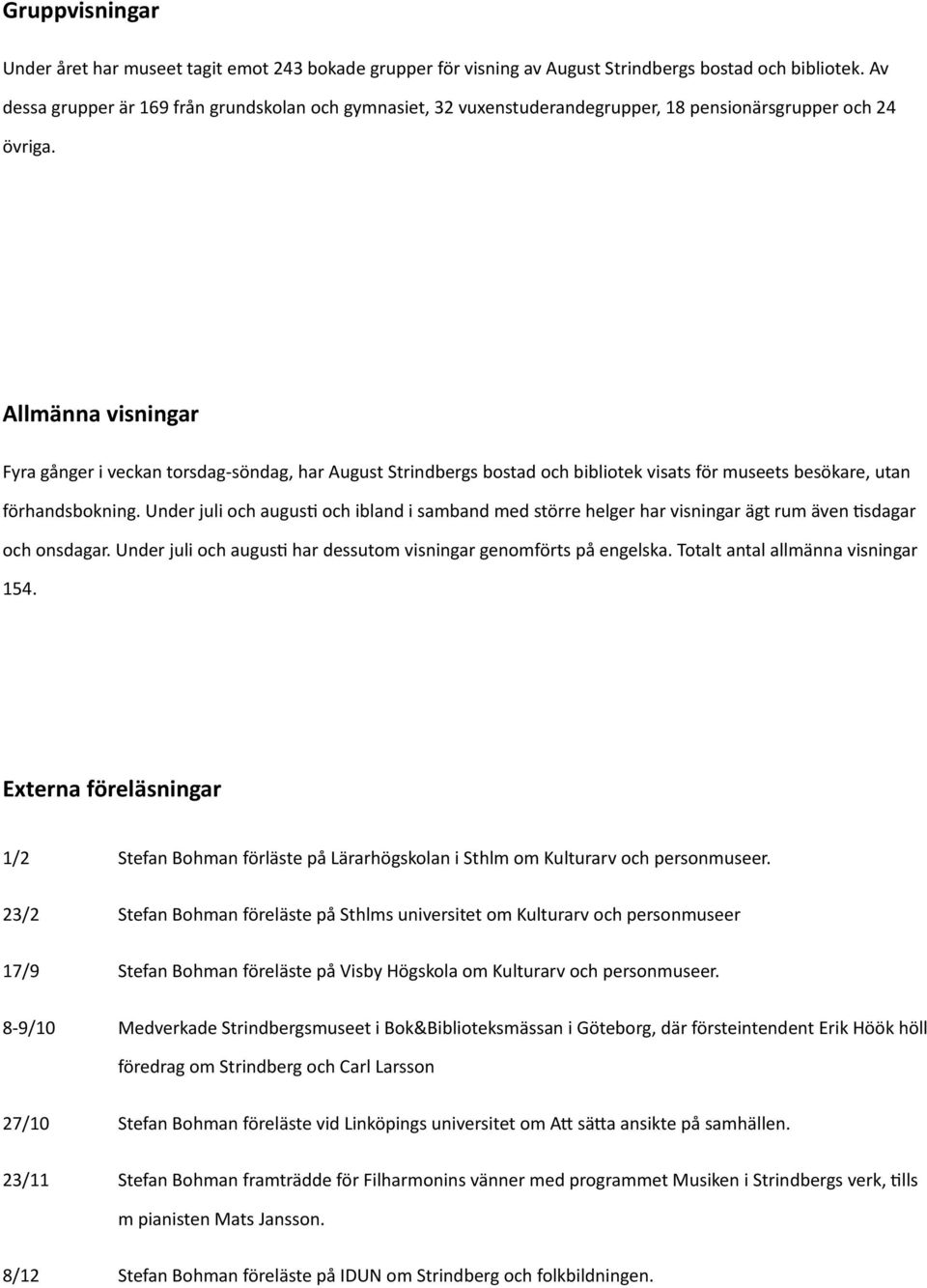 Allmänna visningar Fyra gånger i veckan torsdag-söndag, har August Strindbergs bostad och bibliotek visats för museets besökare, utan förhandsbokning.
