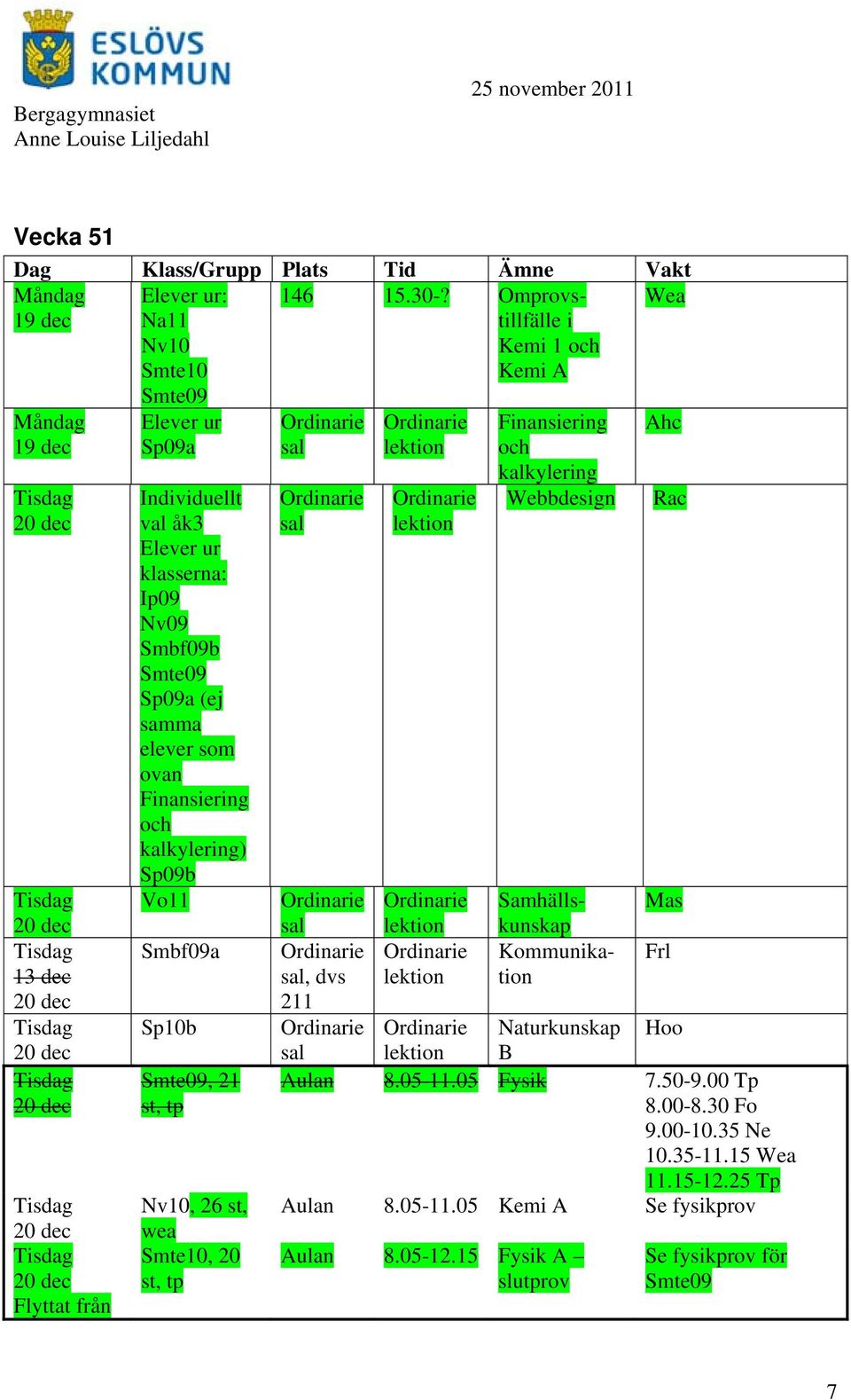 Smte10, 20 st, tp 146 15.30-? Omstillfälle i Kemi 1 och Kemi A Finansiering och kalkylering Webbdesign Ahc Rac Kommunikation Frl, dvs 211 Naturkunskap Hoo B Aulan 8.
