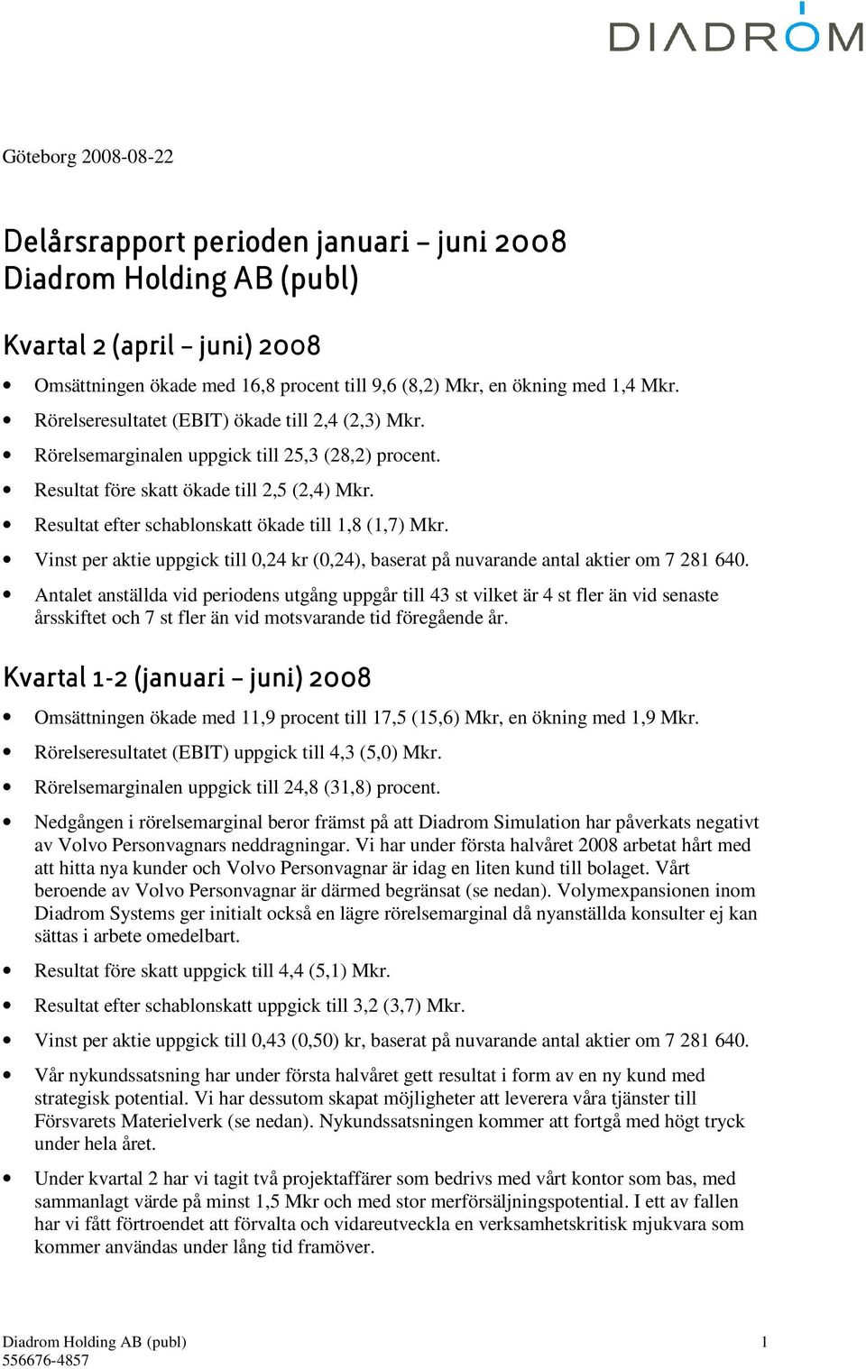 Resultat efter schablonskatt ökade till 1,8 (1,7) Mkr. Vinst per aktie uppgick till 0,24 kr (0,24), baserat på nuvarande antal aktier om 7 281 640.