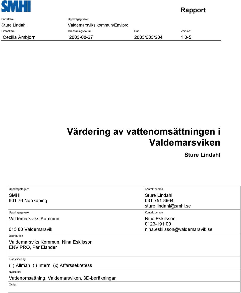 Valdemarsvik Distribution Valdemarsviks Kommun, Nina Eskilsson ENVIPRO, Pär Elander Kontaktperson Sture Lindahl 031-751 8964 sture.lindahl@smhi.