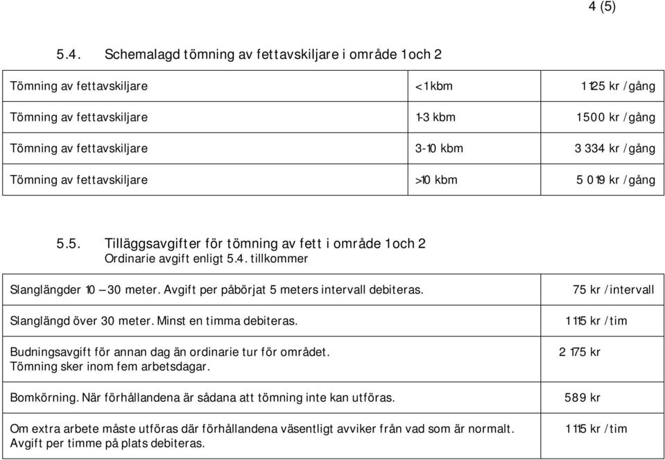 kr /gång 5.5. Tilläggsavgifter för tömning av fett i område 1 och 2 Ordinarie avgift enligt 5.4.