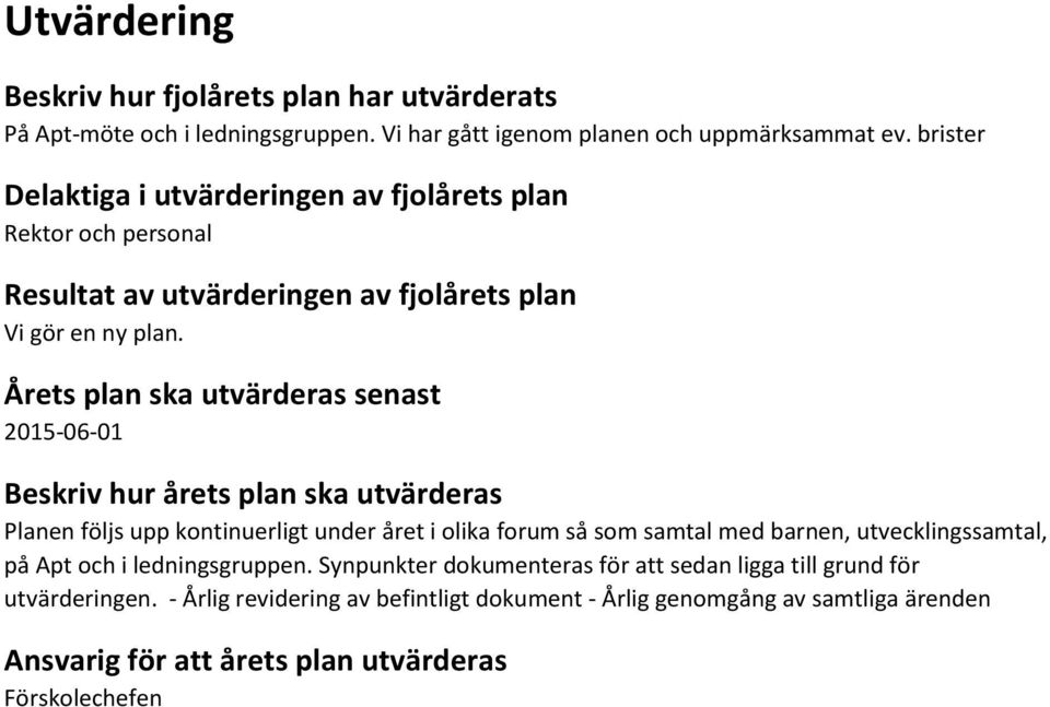 Årets plan ska utvärderas senast 2015-06-01 Beskriv hur årets plan ska utvärderas Planen följs upp kontinuerligt under året i olika forum så som samtal med barnen,