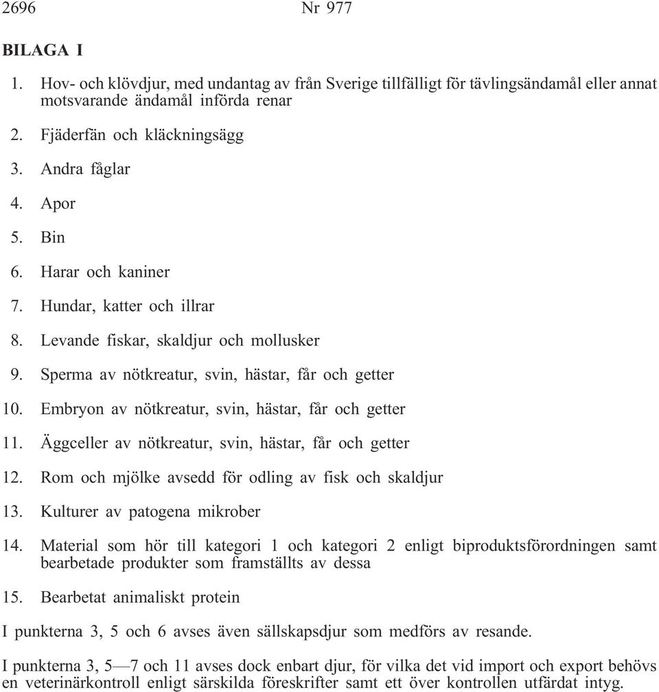 Embryon av nötkreatur, svin, hästar, får och getter 11. Äggceller av nötkreatur, svin, hästar, får och getter 12. Rom och mjölke avsedd för odling av fisk och skaldjur 13.