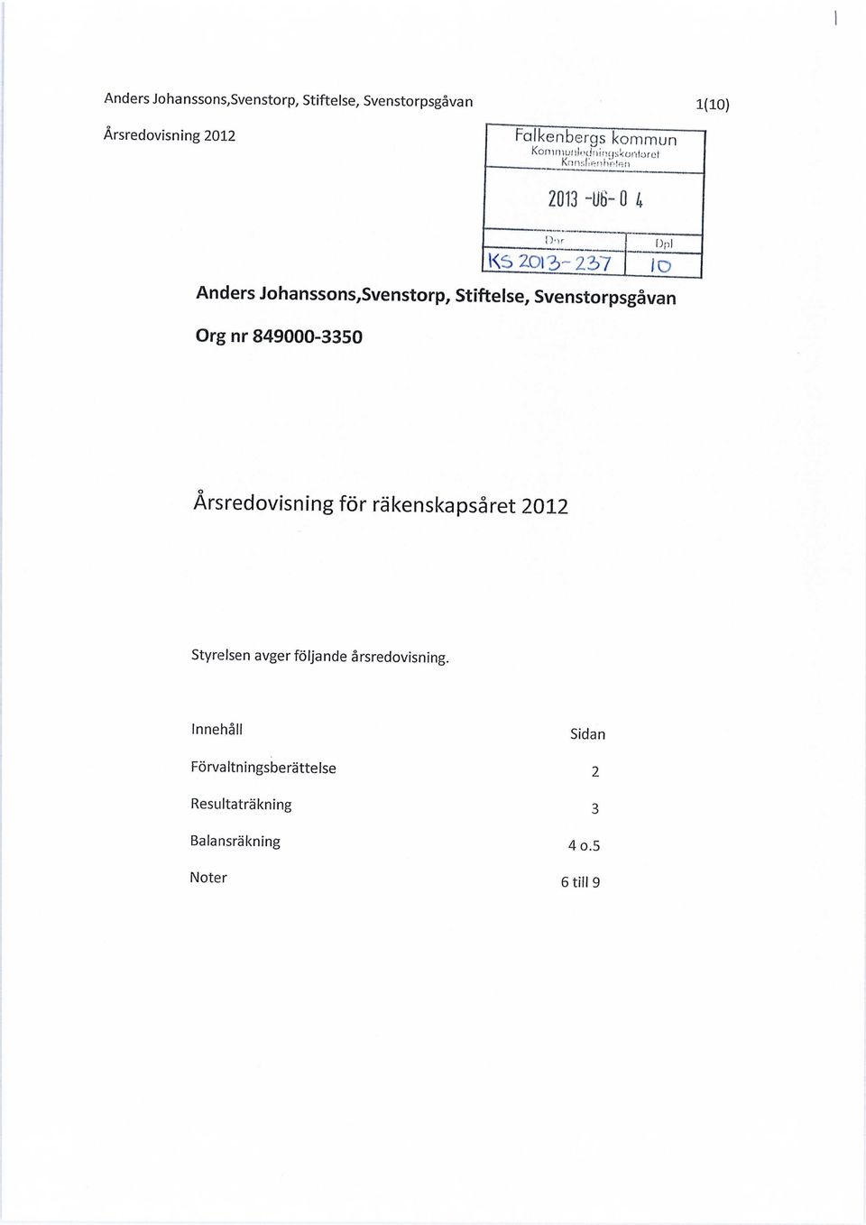 Svenstorpsgåvan Org nr 849000-3350 Dnr KS 20I3~ 237 rjpi lo Årsredovisning för räkenskapsåret 2012