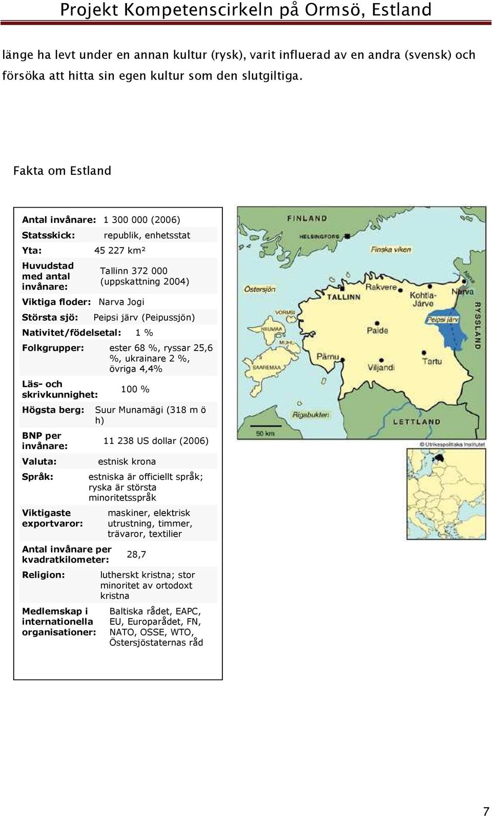 2004) Peipsi järv (Peipussjön) Nativitet/födelsetal: 1 % Folkgrupper: ester 68 %, ryssar 25,6 %, ukrainare 2 %, övriga 4,4% Läs- och skrivkunnighet: 100 % Högsta berg: Suur Munamägi (318 m ö h) BNP