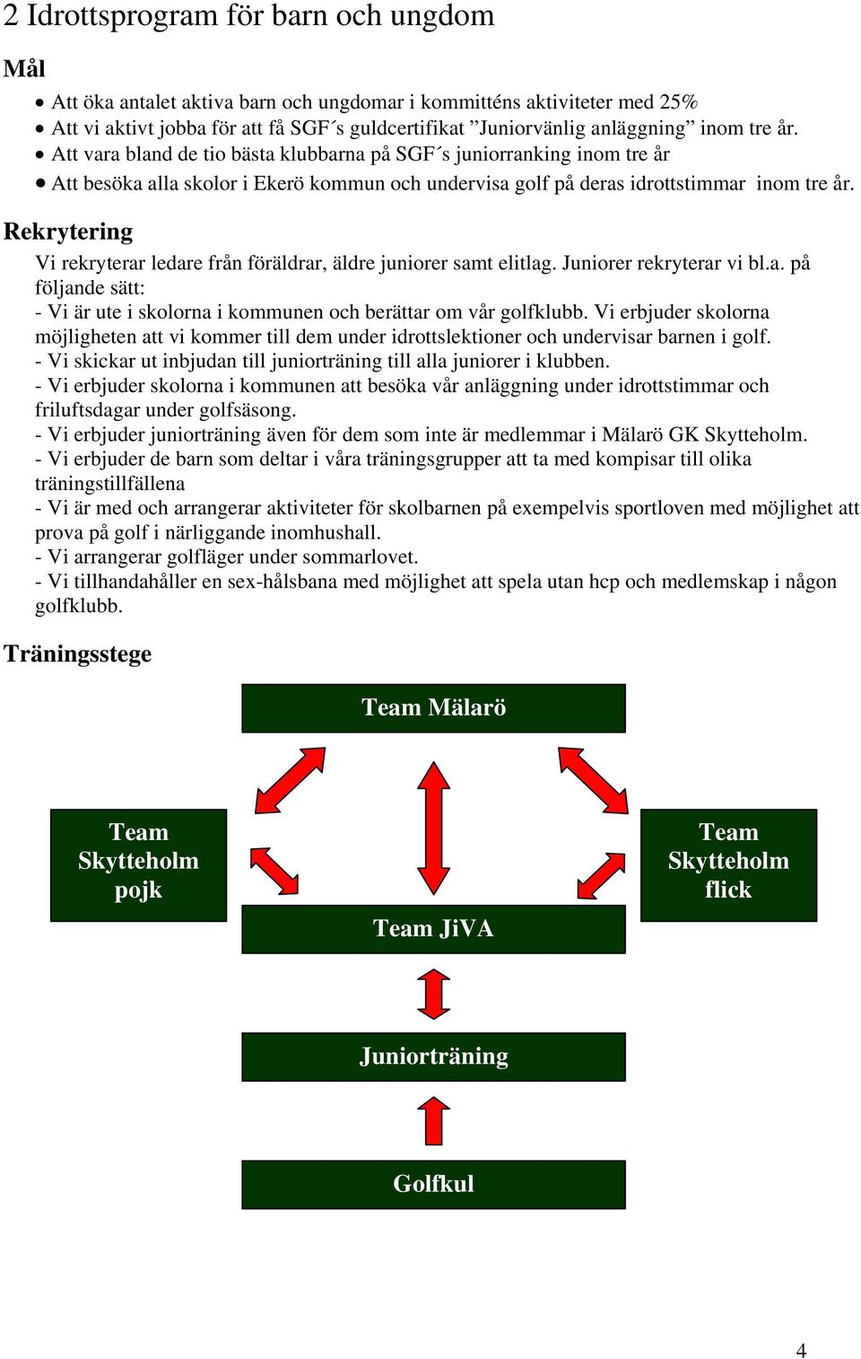 Rekrytering Vi rekryterar ledare från föräldrar, äldre juniorer samt elitlag. Juniorer rekryterar vi bl.a. på följande sätt: - Vi är ute i skolorna i kommunen och berättar om vår golfklubb.