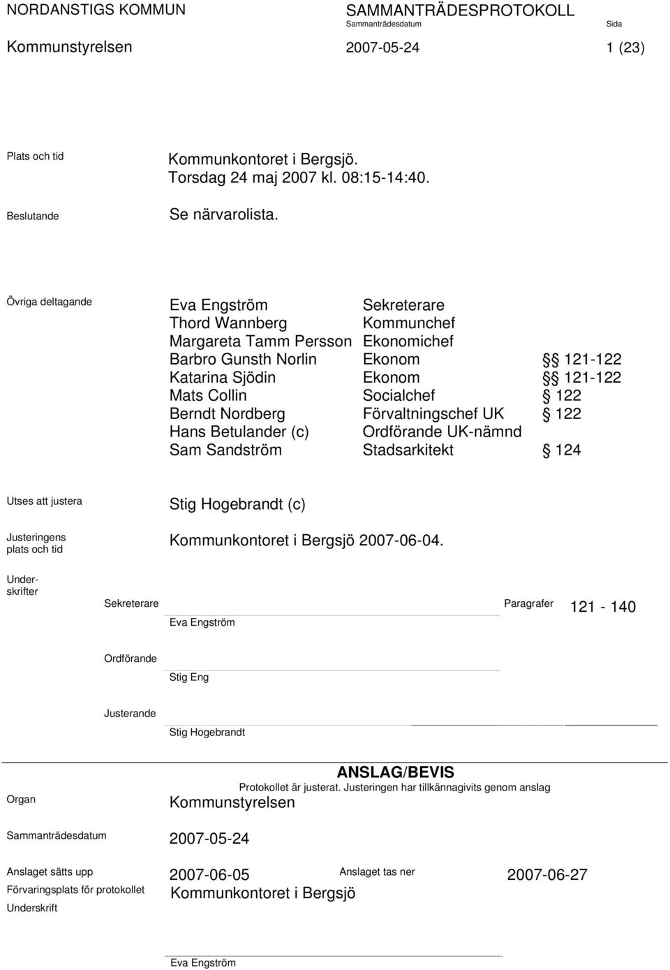 Berndt Nordberg Förvaltningschef UK 122 Hans Betulander (c) Ordförande UK-nämnd Sam Sandström Stadsarkitekt 124 Utses att justera Justeringens plats och tid Stig Hogebrandt (c) Kommunkontoret i