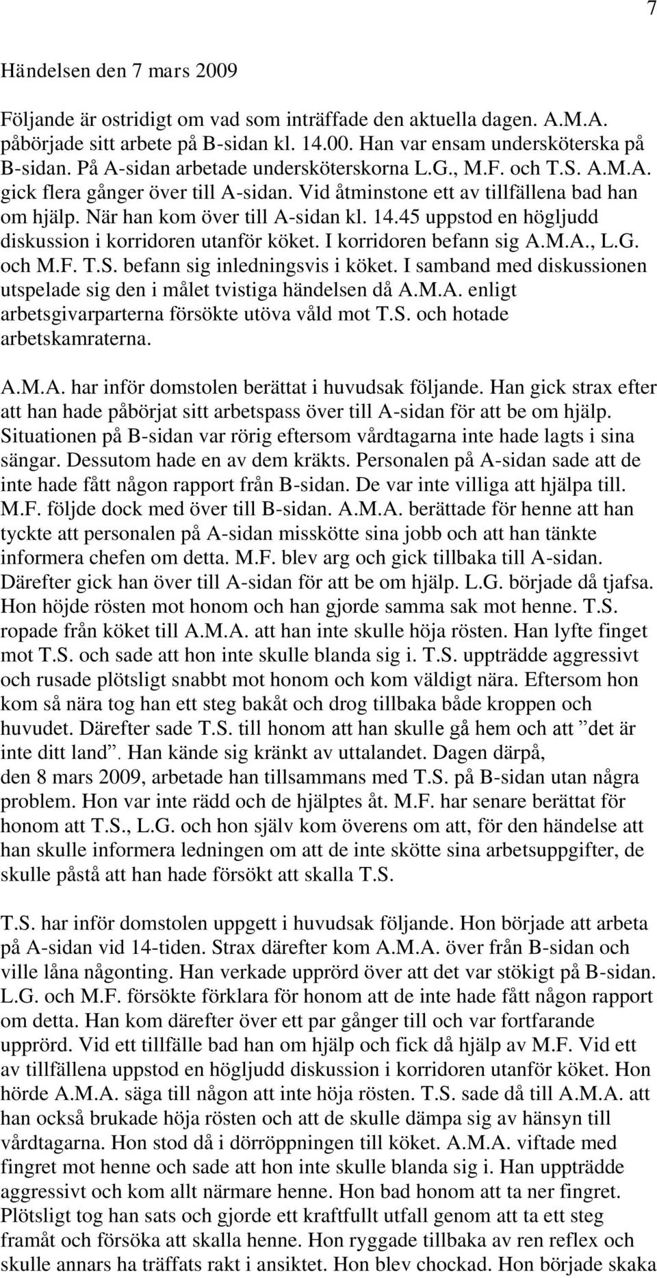 45 uppstod en högljudd diskussion i korridoren utanför köket. I korridoren befann sig A.M.A., L.G. och M.F. T.S. befann sig inledningsvis i köket.
