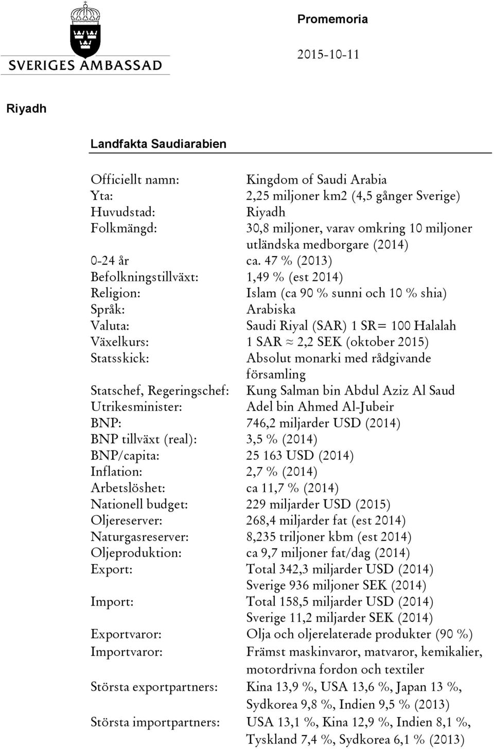 47 % (2013) Befolkningstillväxt: 1,49 % (est 2014) Religion: Islam (ca 90 % sunni och 10 % shia) Språk: Arabiska Valuta: Saudi Riyal (SAR) 1 SR= 100 Halalah Växelkurs: 1 SAR 2,2 SEK (oktober 2015)