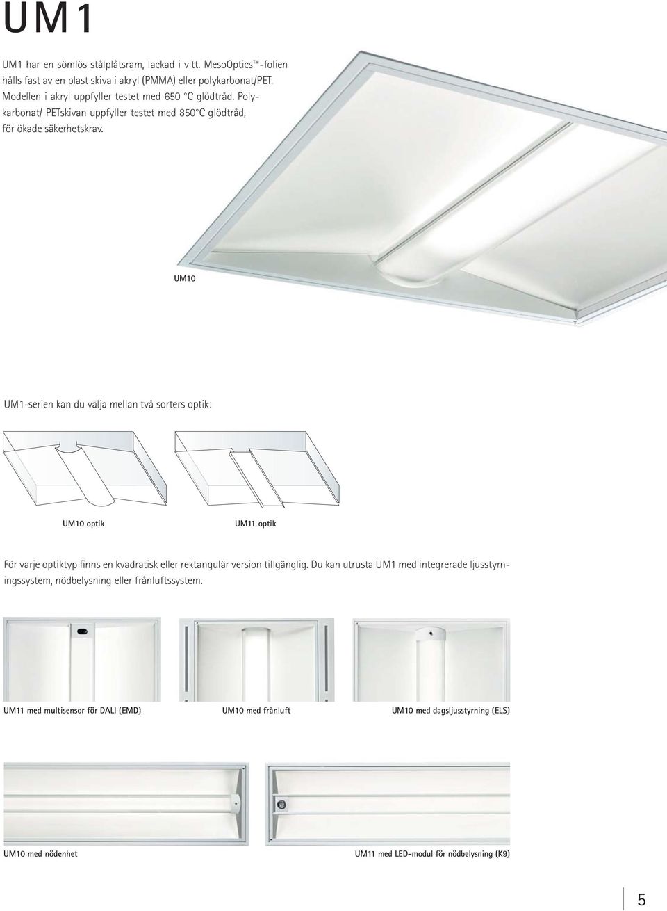 UM10 UM1-serien kan du välja mellan två sorters optik: UM10 optik UM11 optik För varje optiktyp finns en kvadratisk eller rektangulär version tillgänglig.