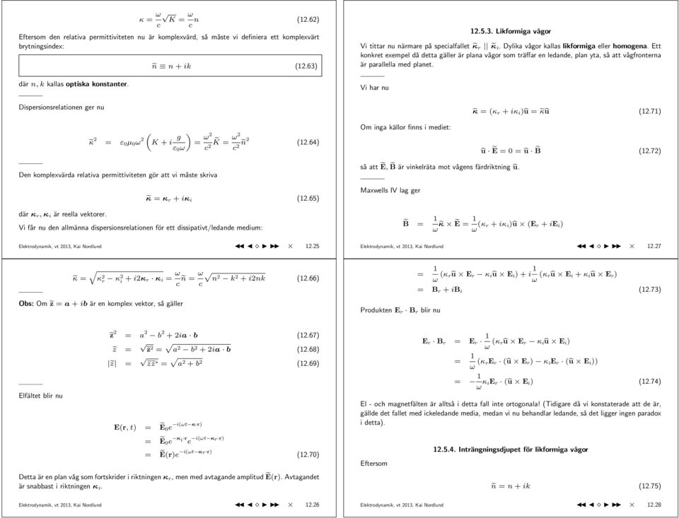 Ett konkret exempel då detta gäller är plana vågor som träffar en ledande, plan yta, så att vågfronterna är parallella med planet. Vi har nu κ = (κ r + iκ i )û = κû (12.