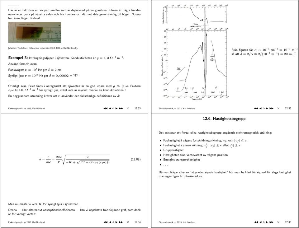 Exempel 3: Intra ngningsdjupet i sjo vatten. Konduktiviteten a r g = 4, 3 Ω 1 m 1. Anva nd formeln ovan. Radiova gor: ν = 108 Hz ger δ = 2 cm. Synligt ljus: ν = 1014 Hz ger δ = 0, 00002 m?