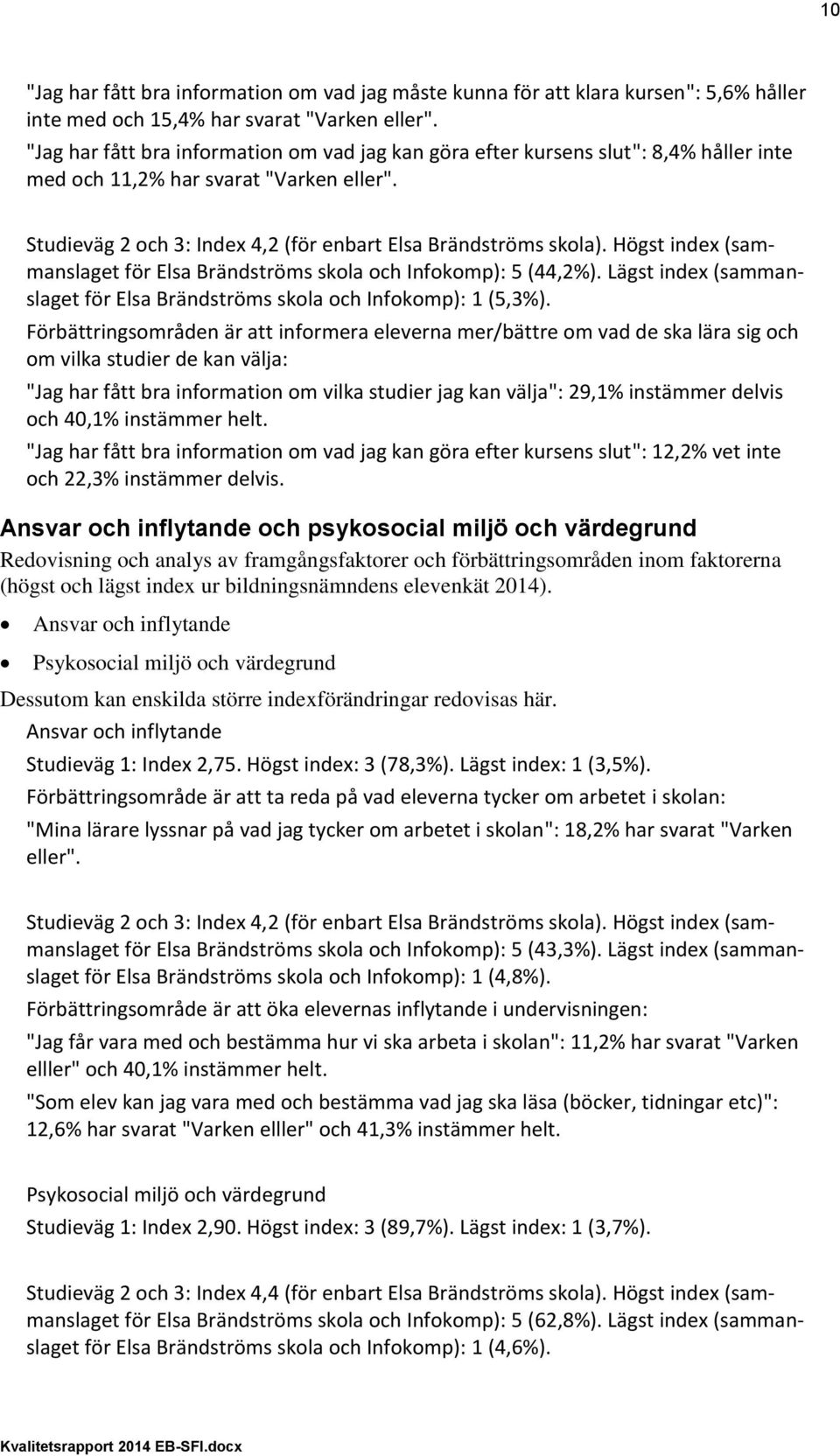 Högst index (sammanslaget för Elsa Brändströms skola och Infokomp): 5 (44,2%). Lägst index (sammanslaget för Elsa Brändströms skola och Infokomp): 1 (5,3%).