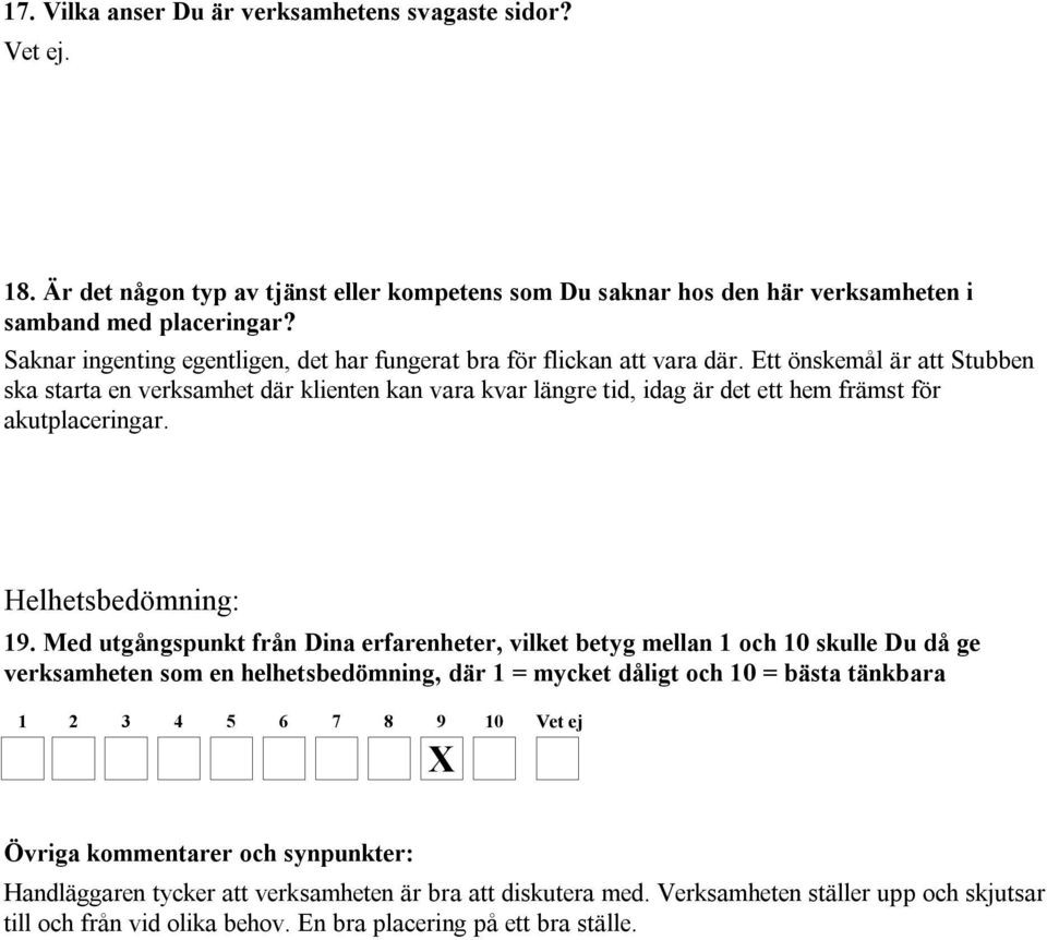 Ett önskemål är att Stubben ska starta en verksamhet där klienten kan vara kvar längre tid, idag är det ett hem främst för akutplaceringar. Helhetsbedömning: 19.