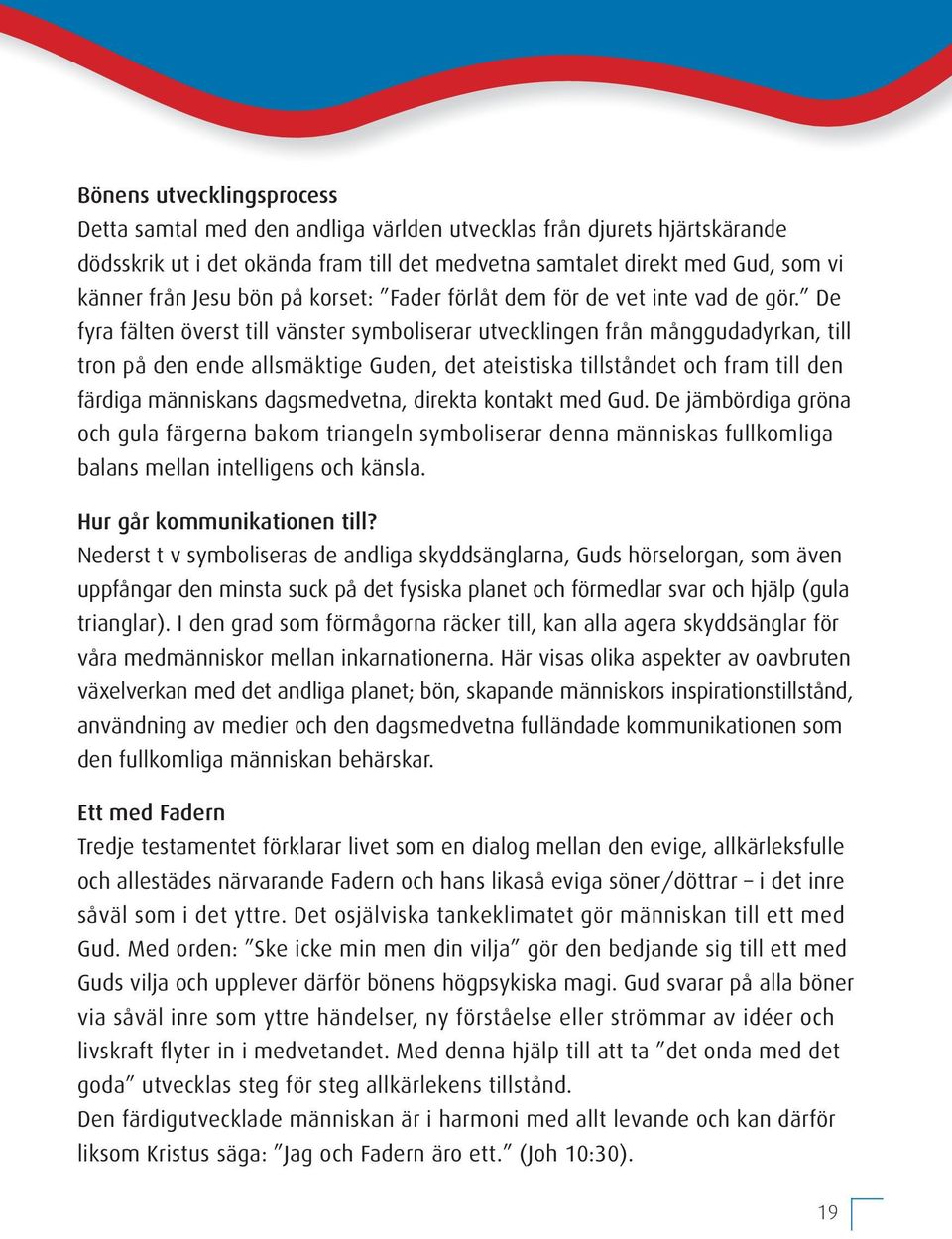 De fyra fälten överst till vänster symboliserar utvecklingen från månggudadyrkan, till tron på den ende allsmäktige Guden, det ateistiska tillståndet och fram till den färdiga människans