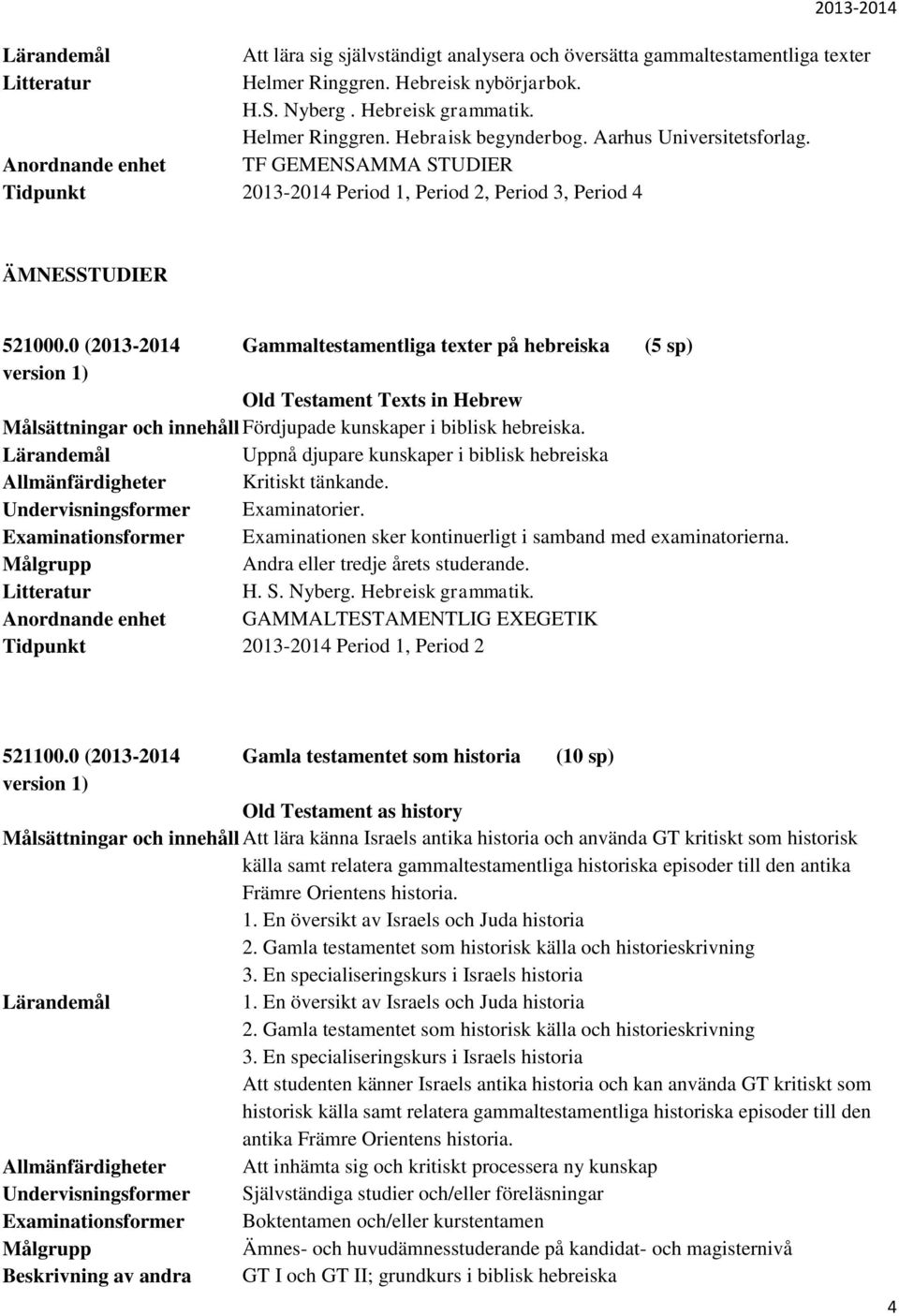 0 (2013-2014 Gammaltestamentliga texter på hebreiska (5 sp) Old Testament Texts in Hebrew Målsättningar och innehåll Fördjupade kunskaper i biblisk hebreiska.