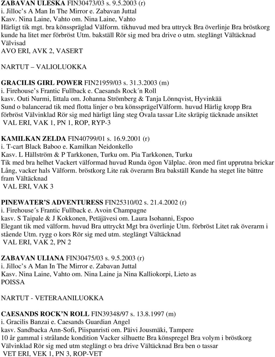 steglängt Vältäcknad Välvisad AVO ERI, AVK 2, VASERT NARTUT VALIOLUOKKA GRACILIS GIRL POWER FIN21959/03 s. 31.3.2003 (m) i. Firehouse s Frantic Fullback e. Caesands Rock n Roll kasv.