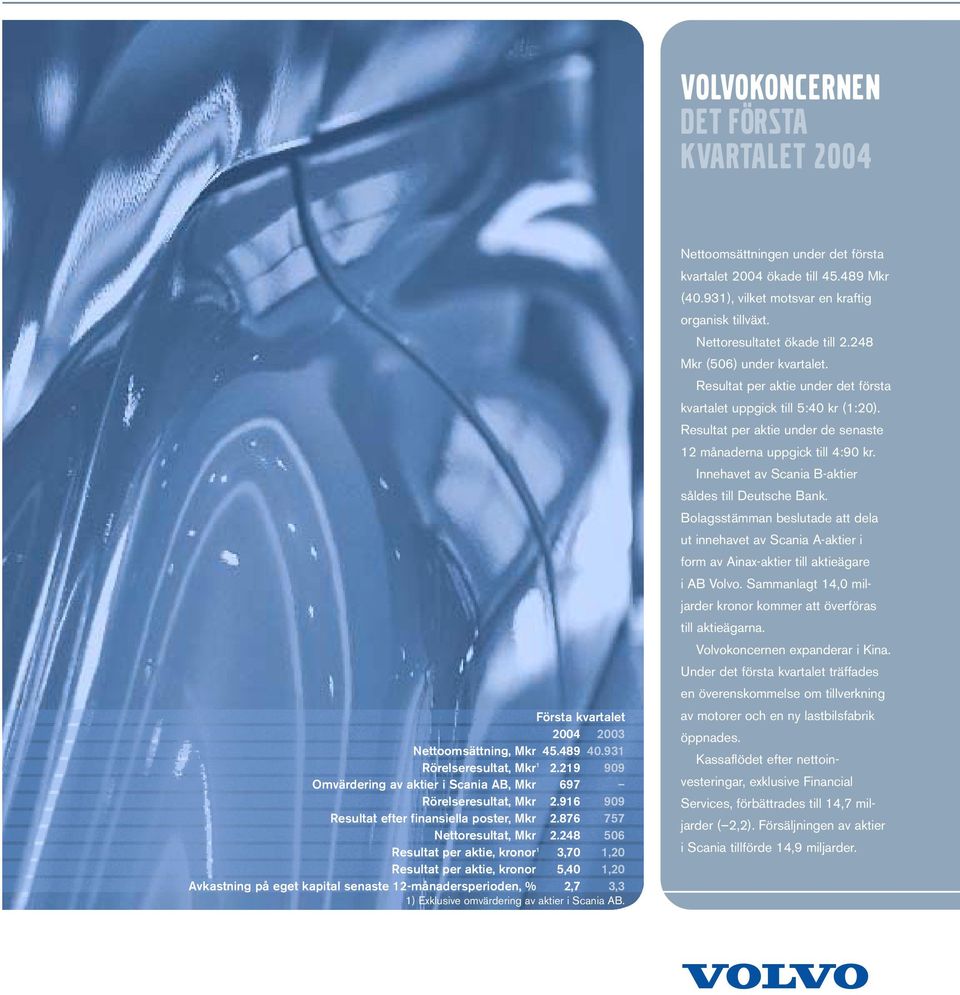 248 506 Resultat per aktie, kronor 1 3,70 1,20 Resultat per aktie, kronor 5,40 1,20 Avkastning på eget kapital senaste 12-månadersperioden, % 2,7 3,3 1) Exklusive omvärdering av aktier i Scania AB.