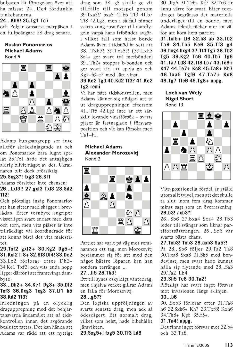 Ukrainaren blir dock oförsiktig. 25.Sxg3?! fxg3 26.Sf1 Adams försitter inte chansen: 26...Lxf3!! 27.gxf3 Txf3 28.Sd2 Tf2! Och plötsligt insåg Ponomariov att han sitter med skägget i brevlådan.