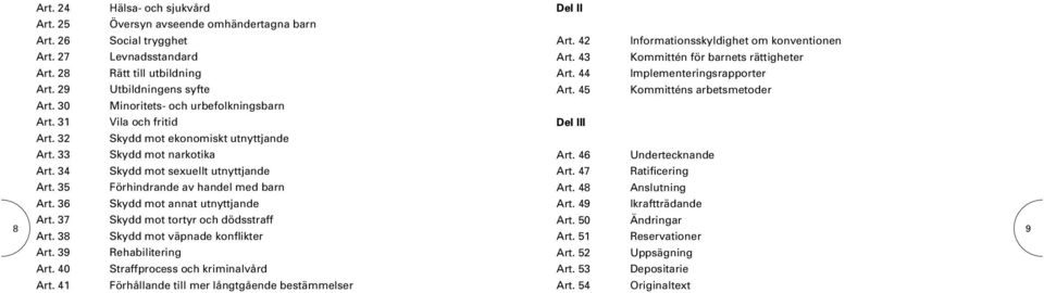 30 Minoritets- och urbefolkningsbarn Art. 31 Vila och fritid Del III Art. 32 Skydd mot ekonomiskt utnyttjande Art. 33 Skydd mot narkotika Art. 46 Undertecknande Art.