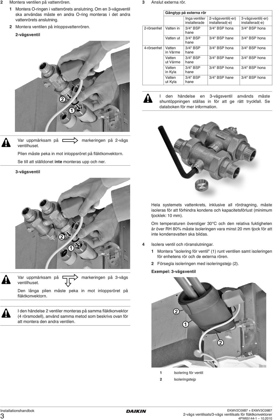 Gängtyp på externa rör Inga ventiler installerade -vägsventil(-er) installerad(-e) -vägsventil(-er) installerad(-e) -rörsenhet Vatten in /" BSP /" BSP hona /" BSP hona Vatten ut /" BSP /" BSP /" BSP