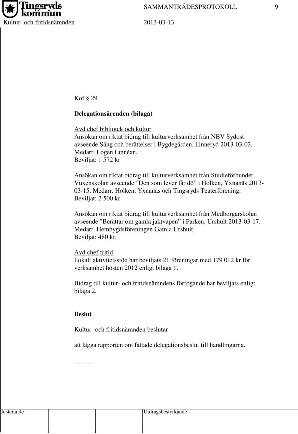 Beviljat: 1 572 kr Ansökan om riktat bidrag till kulturverksamhet från Studieförbundet Vuxenskolan avseende Den som lever får dö i Holken, Yxnanäs 2013-03-15. Medarr.