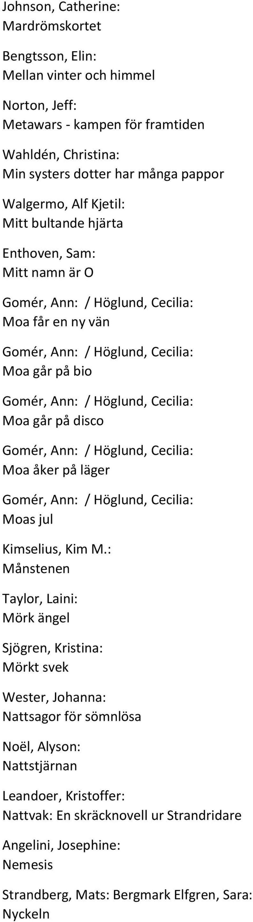 på disco Gomér, Ann: / Höglund, Cecilia: Moa åker på läger Gomér, Ann: / Höglund, Cecilia: Moas jul Kimselius, Kim M.