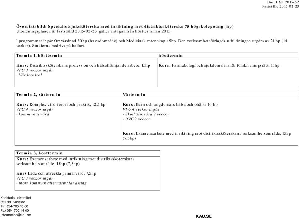 Termin 1, hösttermin Kurs: Distriktssköterskans profession och hälsofrämjande arbete, 15hp VFU 3 veckor ingår - Vårdcentral hösttermin Kurs: Farmakologi och sjukdomslära för förskrivningsrätt, 15hp