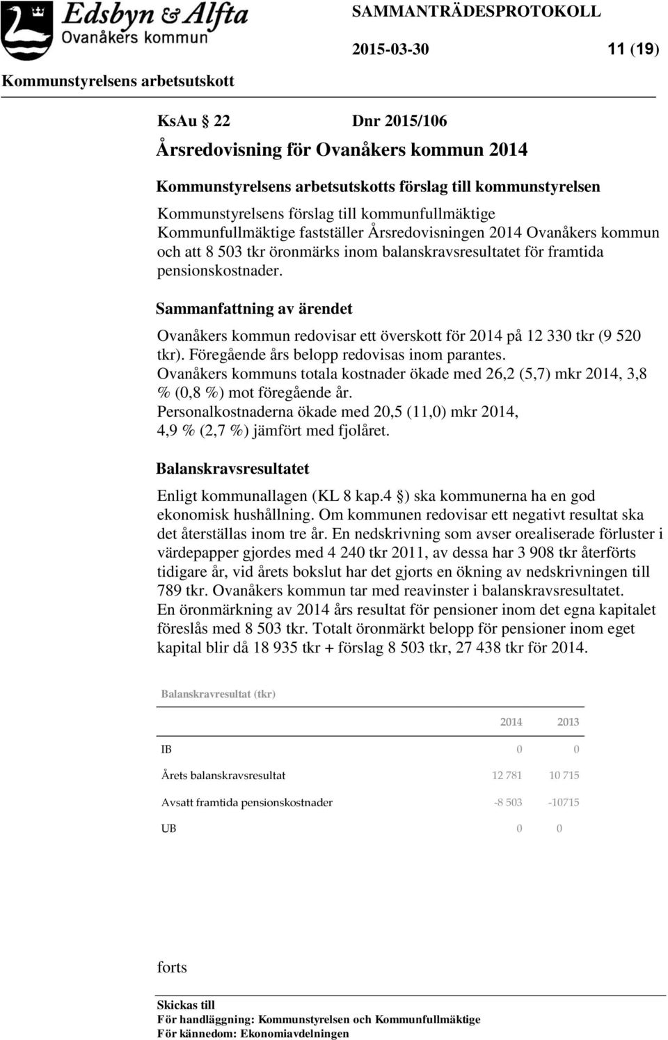 Sammanfattning av ärendet Ovanåkers kommun redovisar ett överskott för 2014 på 12 330 tkr (9 520 tkr). Föregående års belopp redovisas inom parantes.