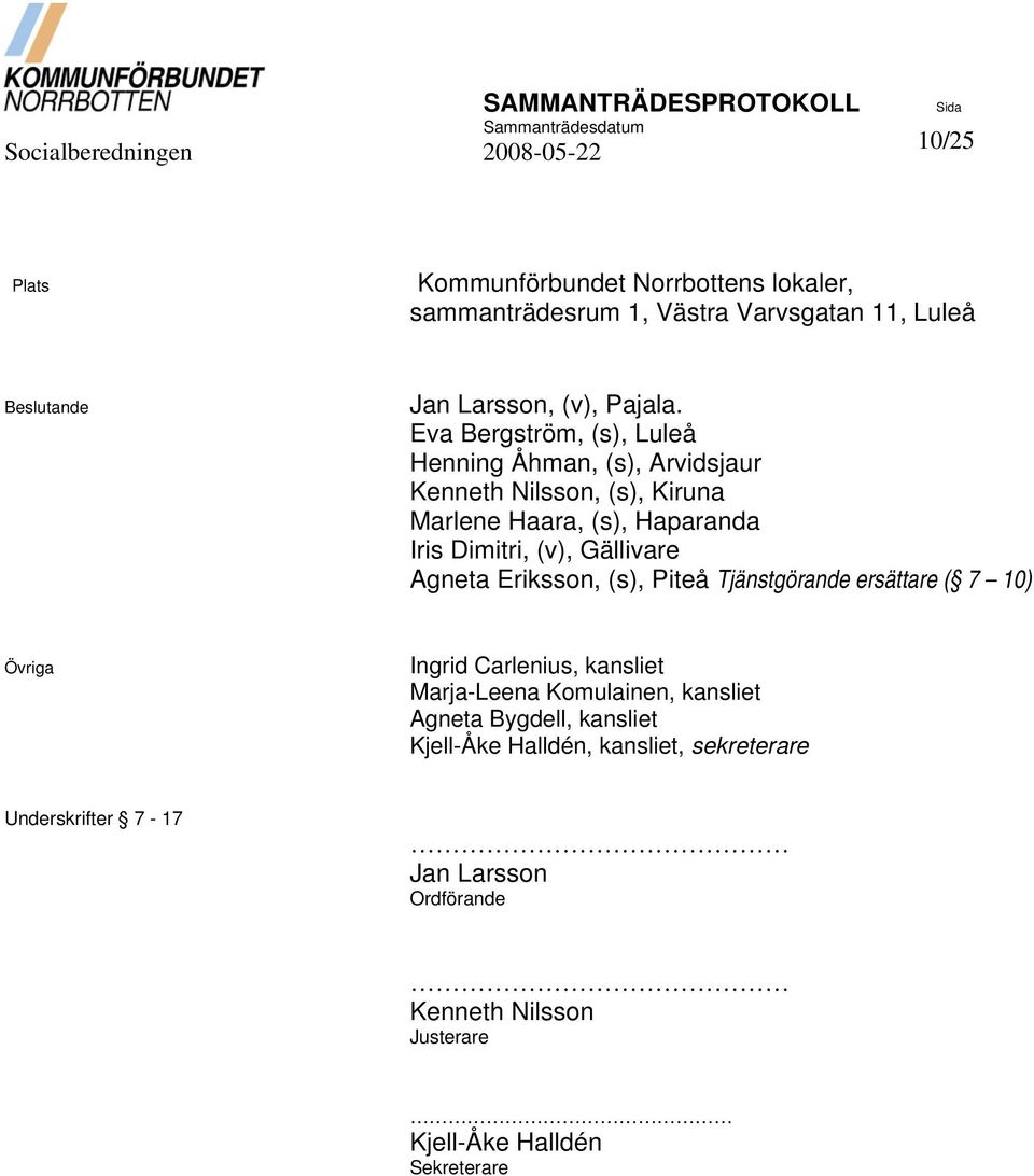Gällivare Agneta Eriksson, (s), Piteå Tjänstgörande ersättare ( 7 10) Övriga Ingrid Carlenius, kansliet Marja-Leena Komulainen, kansliet