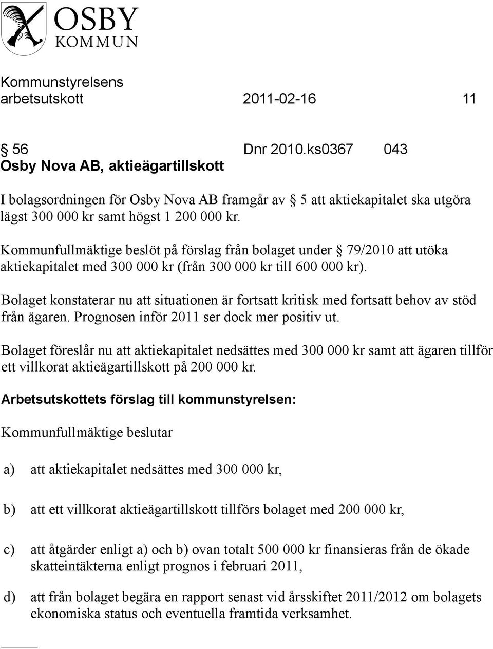 Kommunfullmäktige beslöt på förslag från bolaget under 79/2010 att utöka aktiekapitalet med 300 000 kr (från 300 000 kr till 600 000 kr).