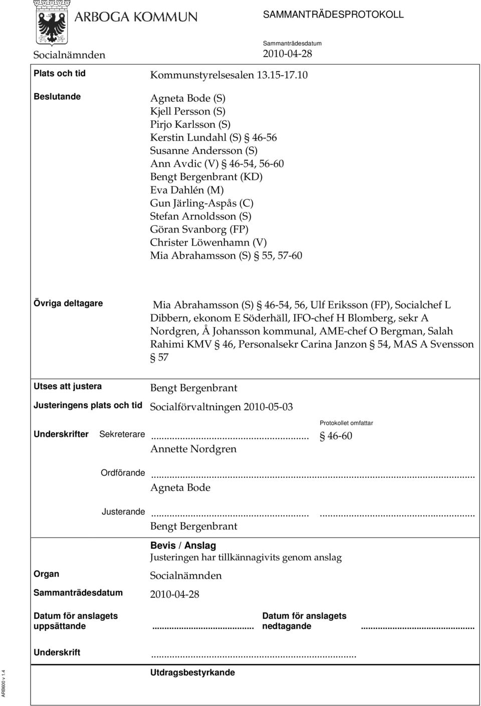 (C) Stefan Arnoldsson (S) Göran Svanborg (FP) Christer Löwenhamn (V) Mia Abrahamsson (S) 55, 57-60 Övriga deltagare Mia Abrahamsson (S) 46-54, 56, Ulf Eriksson (FP), Socialchef L Dibbern, ekonom E