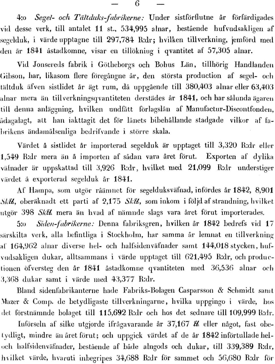 Vid Jonsereds fabrik i Götheborgs och Bohus Län, tillhörig Handlanden Gibson, har, likasom flere föregångne år, den största production af segel- och tältduk äfven sistlidet år ägt rum, då uppgående