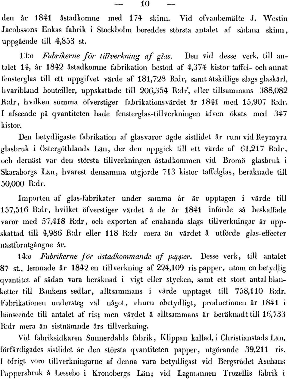 Den vid desse verk, till antalet 14, år 1842 åstadkomne fabrikation bestod af 4,374 kistor taffel- och annat fensterglas till ett uppgifvet värde af 181,728 R:dr, samt åtskillige slags glaskärl,