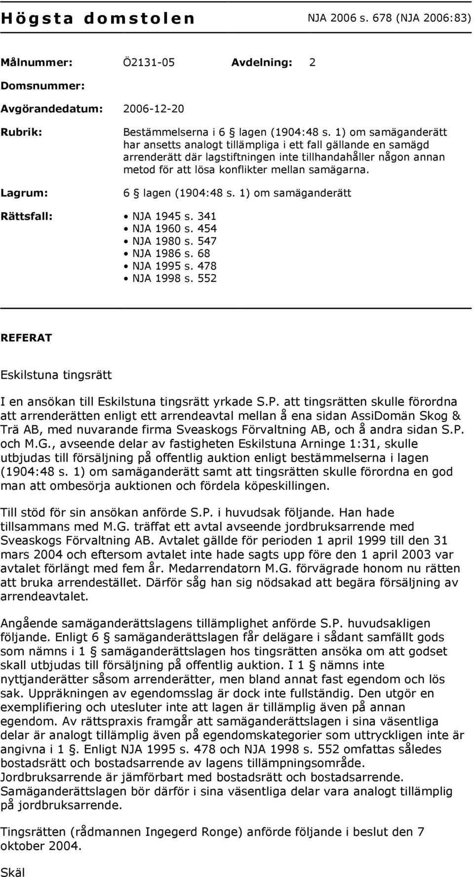 6 lagen (1904:48 s. 1) om samäganderätt Rättsfall: NJA 1945 s. 341 NJA 1960 s. 454 NJA 1980 s. 547 NJA 1986 s. 68 NJA 1995 s. 478 NJA 1998 s.