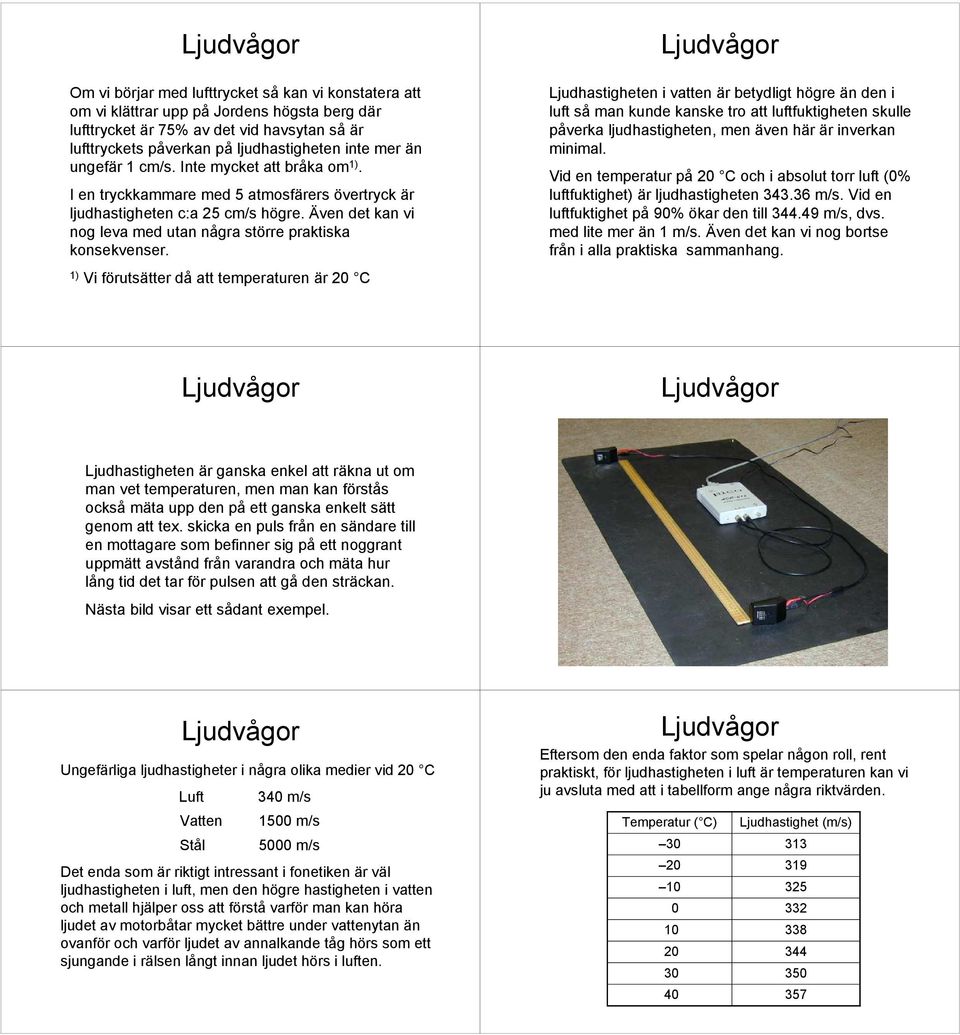 1) Vi förutsätter då att temperaturen är 20 C Ljudhastigheten i vatten är betydligt högre än den i luft så man kunde kanske tro att luftfuktigheten skulle påverka ljudhastigheten, men även här är