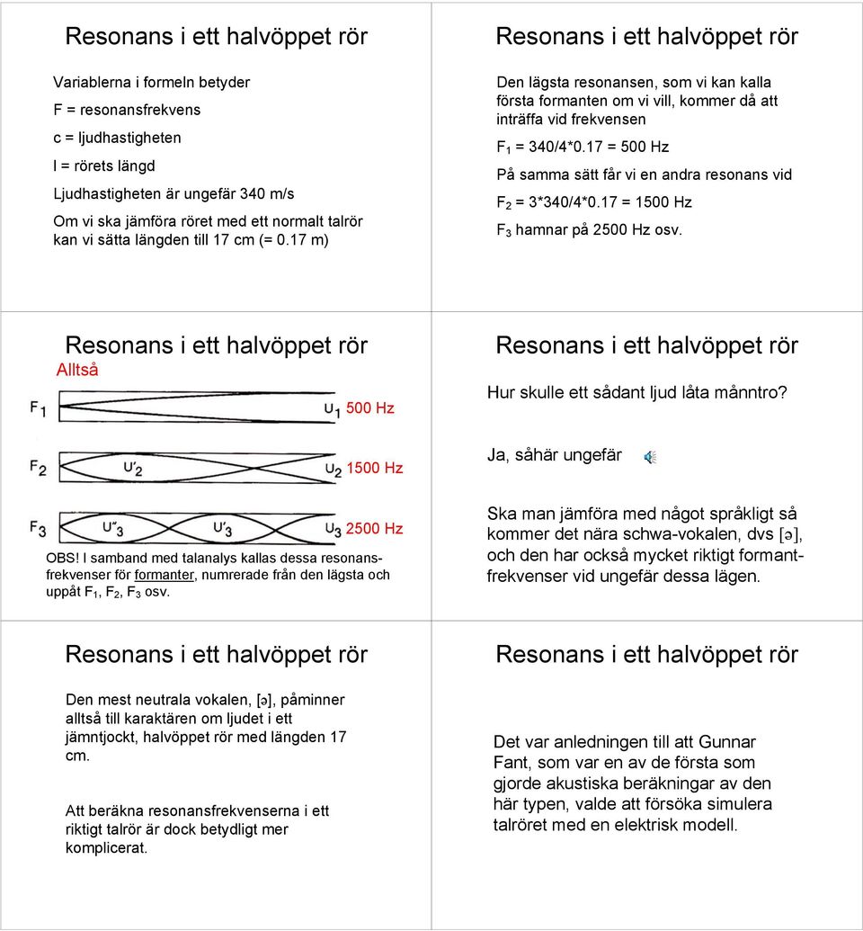 17 = 500 Hz På samma sätt får vi en andra resonans vid F 2 = 3*340/4*0.17 = 1500 Hz F 3 hamnar på 2500 Hz osv. Alltså 500 Hz Hur skulle ett sådant ljud låta månntro?