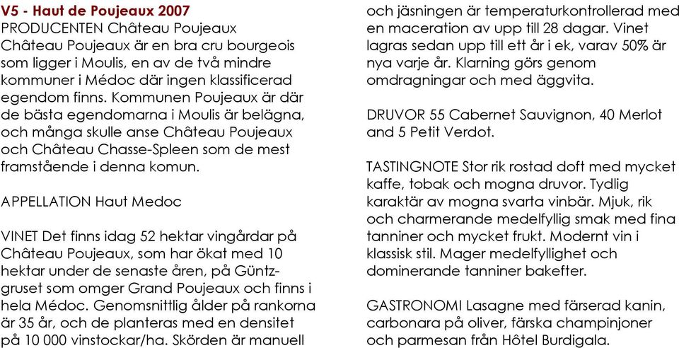 APPELLATION Haut Medoc VINET Det finns idag 52 hektar vingårdar på Château Poujeaux, som har ökat med 10 hektar under de senaste åren, på Güntzgruset som omger Grand Poujeaux och finns i hela Médoc.