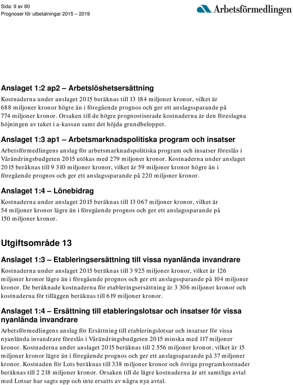 Anslaget 1:3 ap1 Arbetsmarknadspolitiska program och insatser Arbetsförmedlingens anslag för arbetsmarknadspolitiska program och insatser föreslås i Vårändringsbudgeten 2015 utökas med 279 miljoner