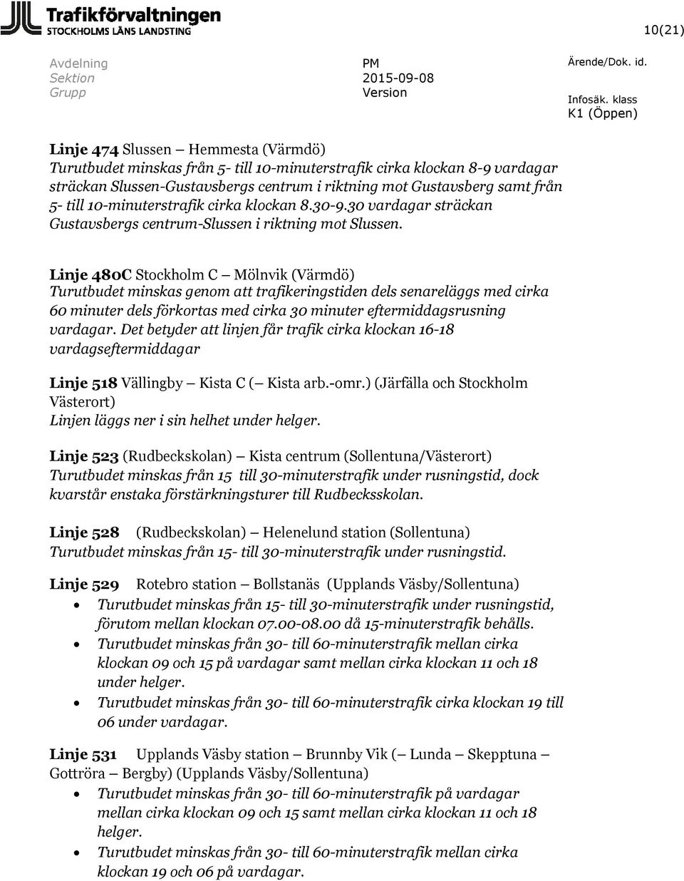 Linje 480C Stockholm C Mölnvik (Värmdö) Turutbudet minskas genom att trafikeringstiden dels senareläggs med cirka 60 minuter dels förkortas med cirka 30 minuter eftermiddagsrusning vardagar.