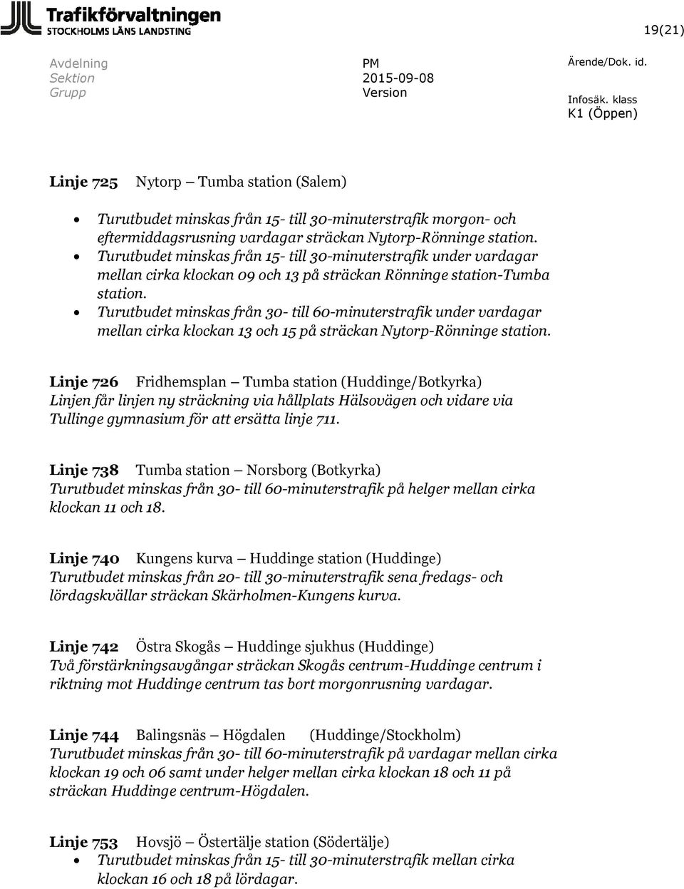 Turutbudet minskas från 30- till 60-minuterstrafik under vardagar mellan cirka klockan 13 och 15 på sträckan Nytorp-Rönninge station.