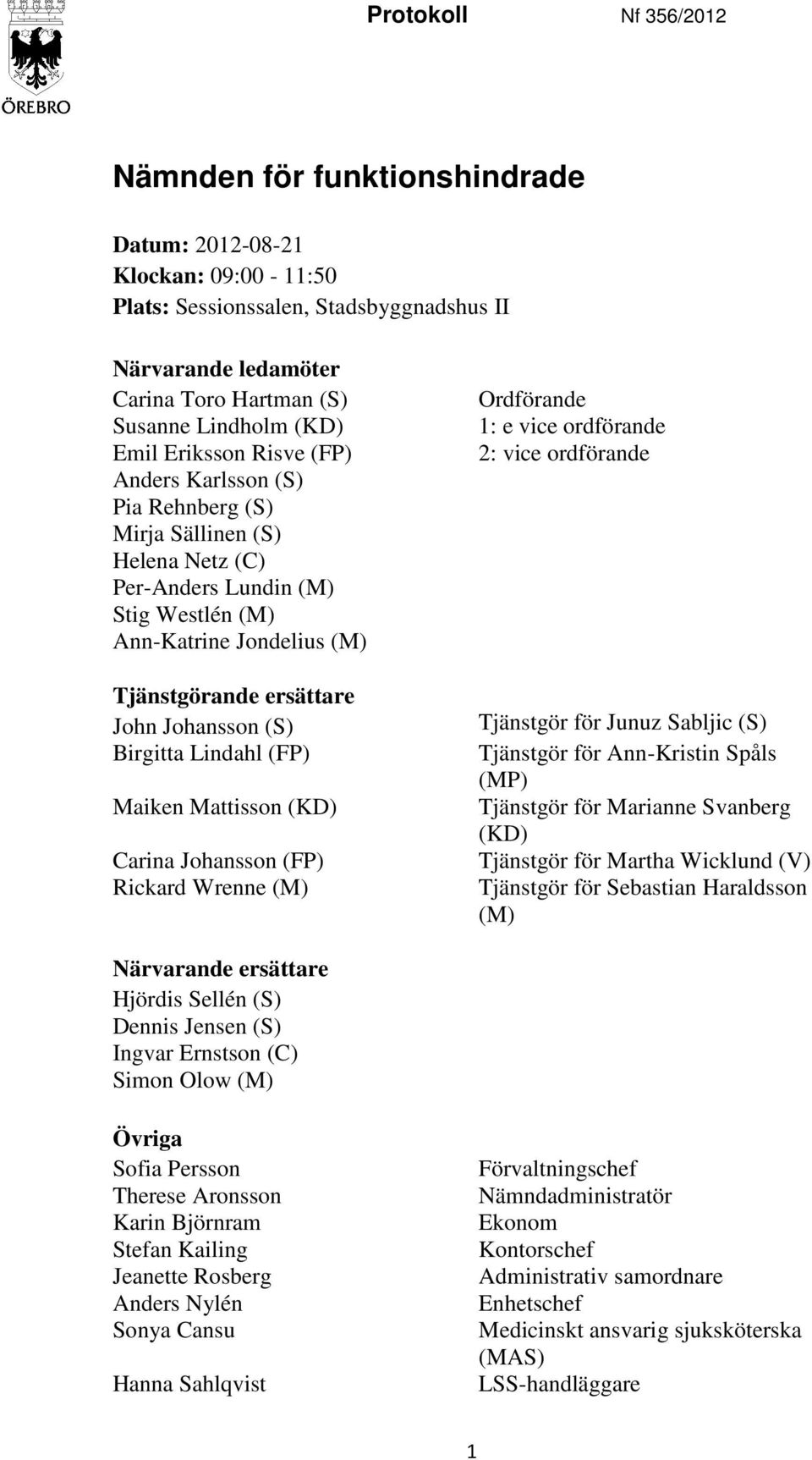 Johansson (S) Birgitta Lindahl (FP) Maiken Mattisson (KD) Carina Johansson (FP) Rickard Wrenne (M) Ordförande 1: e vice ordförande 2: vice ordförande Tjänstgör för Junuz Sabljic (S) Tjänstgör för