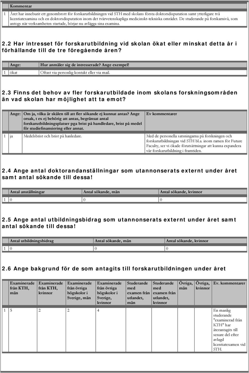 2 Har intresset för forskarutbildning vid skolan ökat eller minskat detta år i förhållande till de tre föregående åren? Ange: Hur anmäler sig de intresserade? Ange exempel!